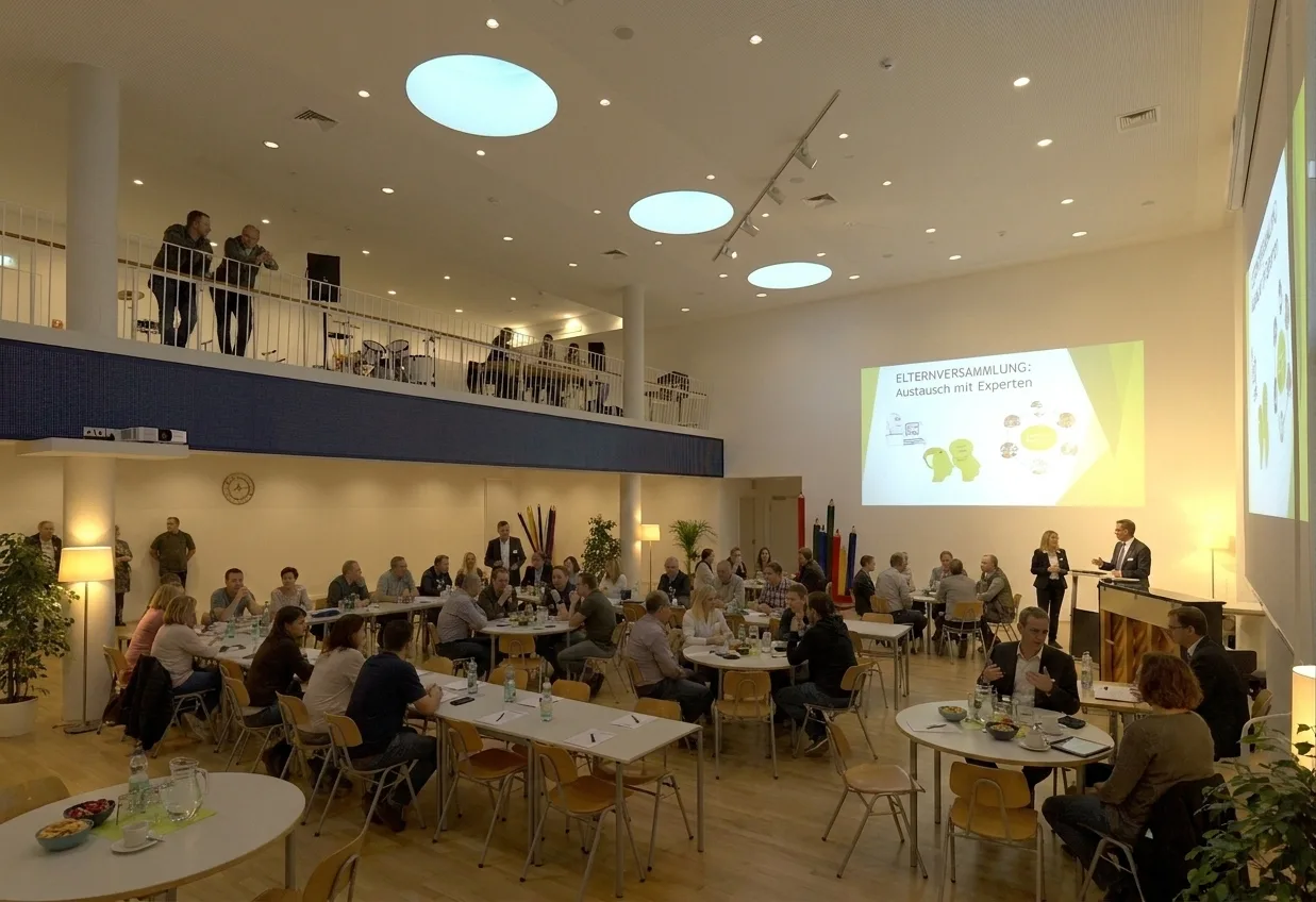 Visualisierung eines Themenabends in der Aula der PvH: Eltern an Bistrotischen, Sprecher am Mikrofon