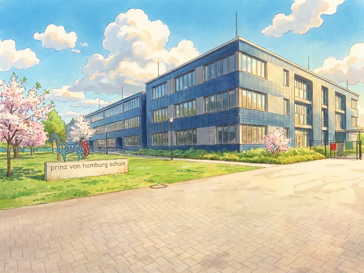 Illustration der Prinz-von-Homburg-Schule: das Schulgebäude mit blühenden Bäumen und dem Namensschild am Eingang
