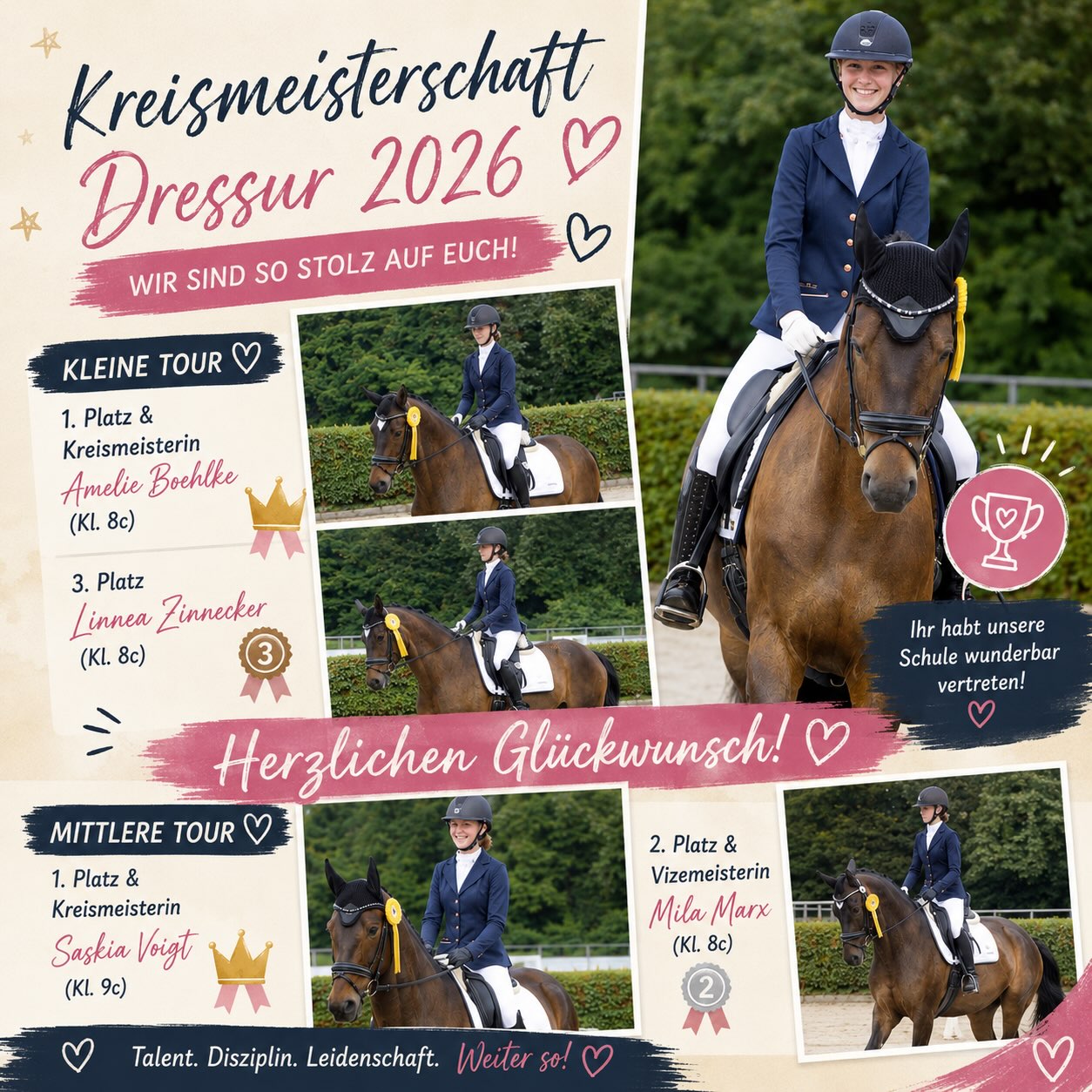 🏇 Erfolgreich bei den Kreismeisterschaften Dressur 2026! 🏆

Was für ein großartiger Erfolg! Wir gratulieren unseren Schü